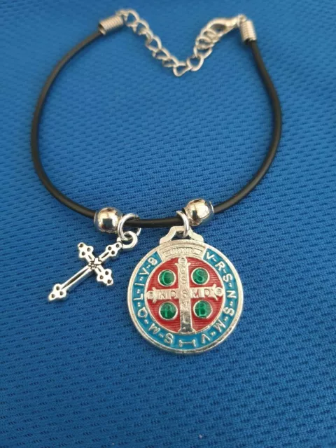 Religious unique gift 2 design Saint Benedict pendant & mini cross cord bracelet