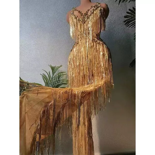 Women Gold Sequins Rhinestones Sleeveless Jumpsuit Singer Dancer Stage Costume