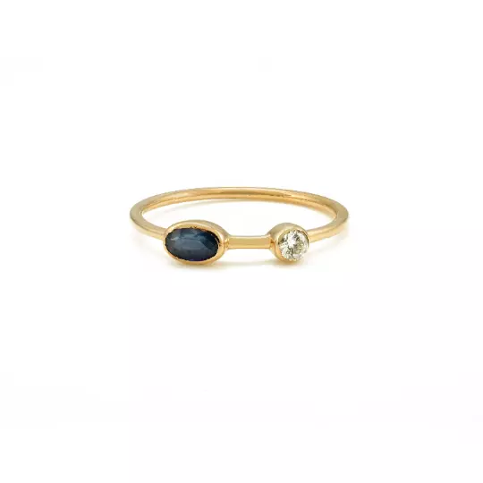 14k Solid Yellow Gold Blue Sapphire & Diamond Stacking Promise Ring For Her