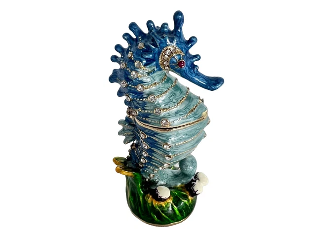 Bejeweled Enameled Pewter Metal Aqua Seahorse Trinket Box With Crystals 4" High