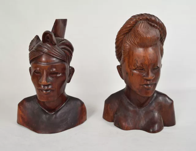 Bali Wood Carved Sculpture Bust Woman Men Figure Tribal Village Couple