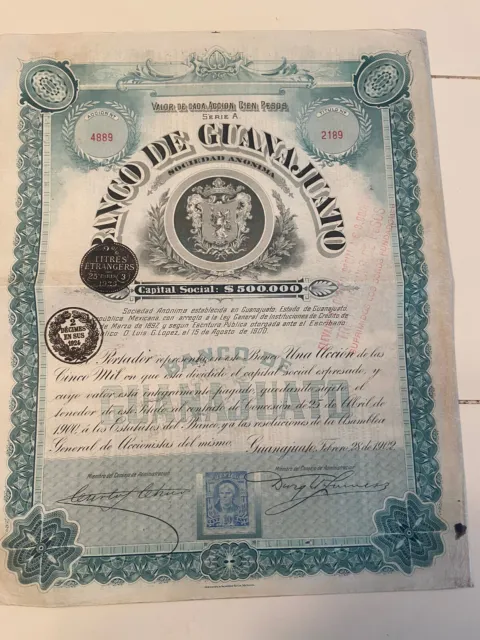 Mexico 1902 Banco Guanajuato Bank 100 Pesos Coupons Bond Share Loan Stock R5B06