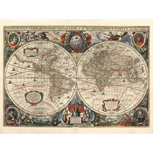 Map Hondius 1641 World Hemispheres Pictorial Huge Wall Art Poster Print