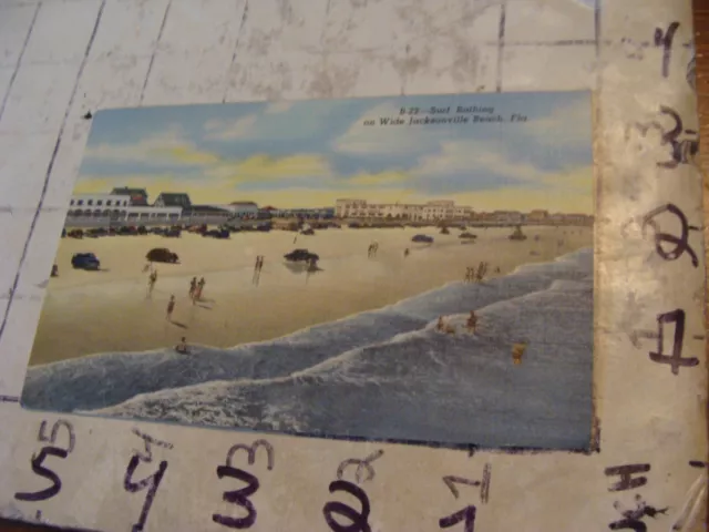 Orig Vint post card 1950's SURF BATHING on WIDE JACKSON BEACH --FLORIDA