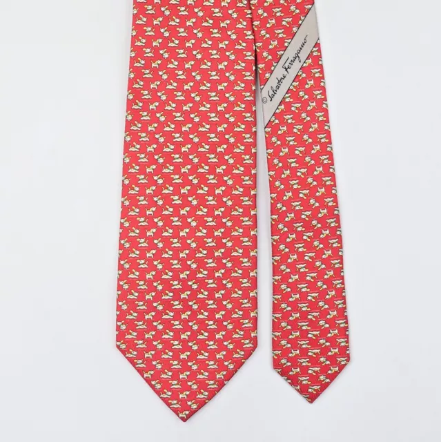 SALVATORE FERRAGAMO TIE Dog on Orange RedSilk Necktie