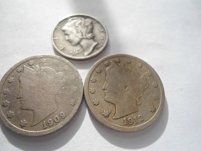 Two Liberty V Nickels 1909, 1912, One Mercury dime 1944, Lot Of Three Nice Coins