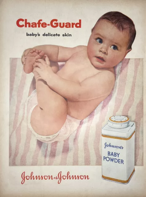 Vtg Print Ad 1956 Johnson & Johnson Baby Powder Retro Home Nursery Art Decor