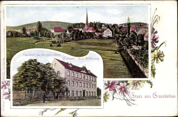 Künstler Ak Großbothen Grimma in Sachsen, Gasthof, Blick auf den Ort - 10418317