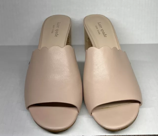 Kate Spade Warren Scalloped Leather Block Heels Size 8 Mule Slide Peep Toe