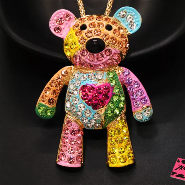 Fashion Women Cute Bear Doll Color Enamel Bling Crystal Pendant Chain Necklace