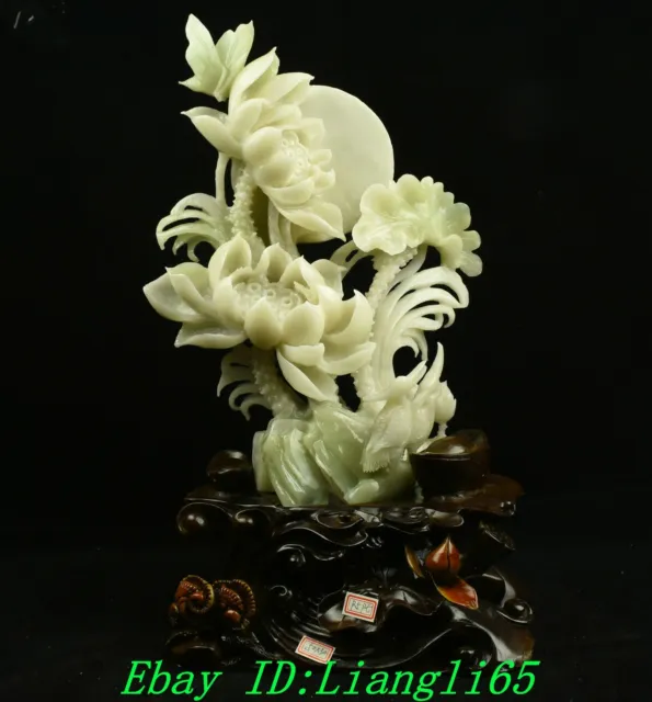 21 "China Exquisite natürliche Xiu Jade Carve Lotusblume Vogel Elster Statue