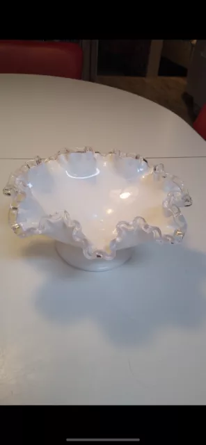 Vintage Fenton Silver Crest Milk Glass Ruffled Footed Dish Compote Bowl 7"
