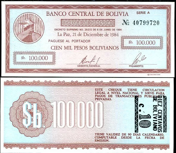 Bolivia 10 Cent. on 100000 Pesos 1984 P 197 UNC