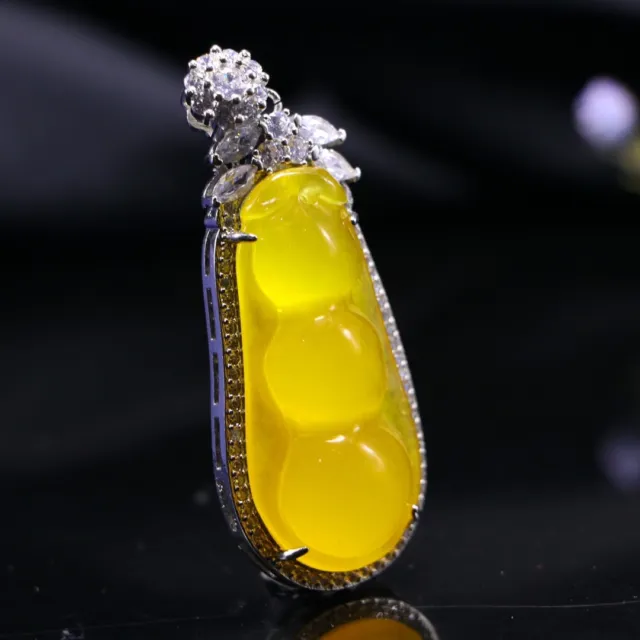 Perfect High Ice Chinese Yellow Jadeite Hand Carving Bean Pendant sd4