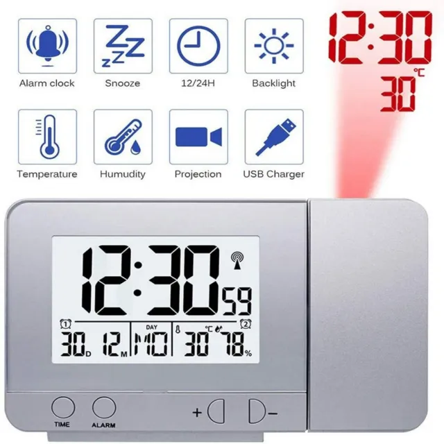 Réveil Projecteur Radio FM Thermomètre LED Numérique Horloge Alarme Plafond USB