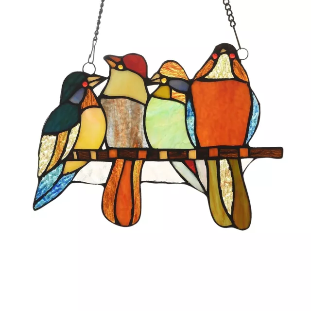 12" x 9" Tiffany Style Sitting Birds Stained Glass Window Panel
