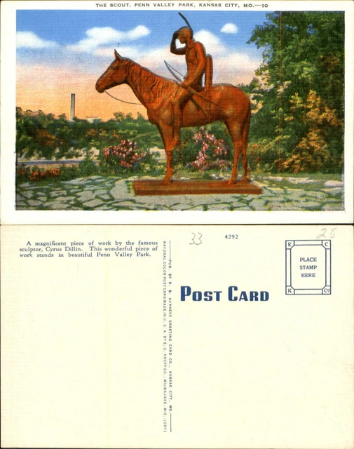 Statue The Scout Penn Valley Park Kansas City MO Indian horse linen unused