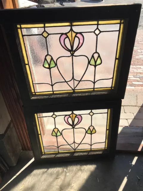 Sg 2861 Match Pair Antique Art Nouveau Stained Glass Windows 20 .25By 24