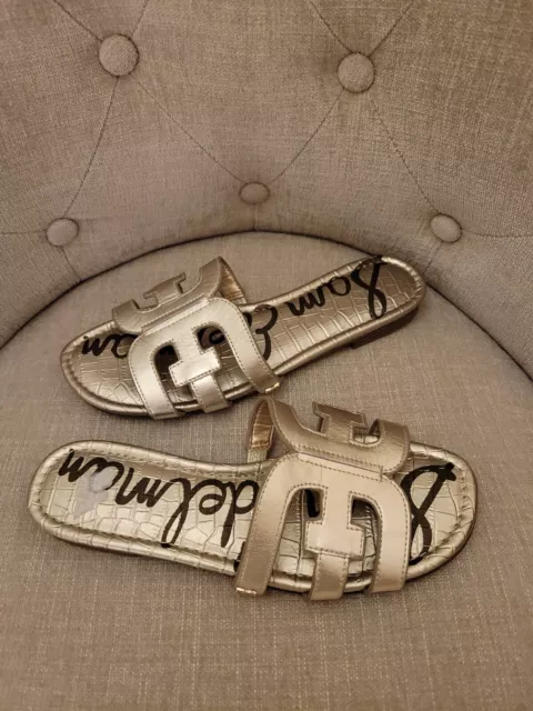 Sam Edelman Bay Slide Sandals Metallic Light Gold Leaf Leather Oran Dupe 7.5 US