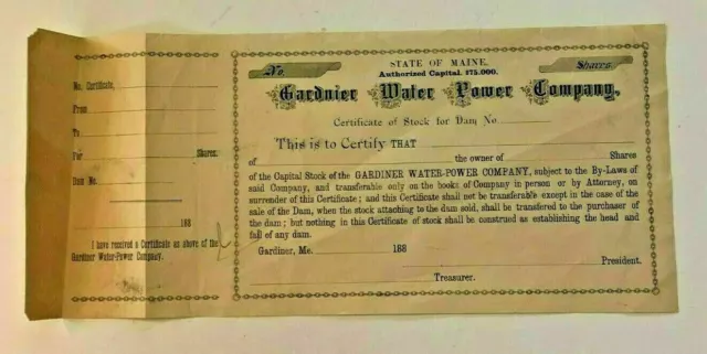 Antique 1880's Non-Issued Gardnier Water Power Company Dam Stock Certificate