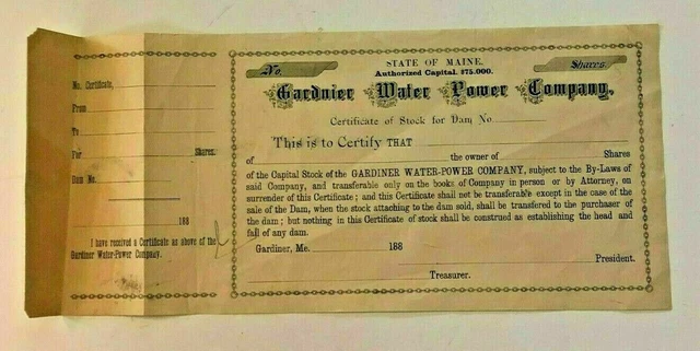 Antique 1880's Non-Issued Gardnier Water Power Company Dam Stock Certificate
