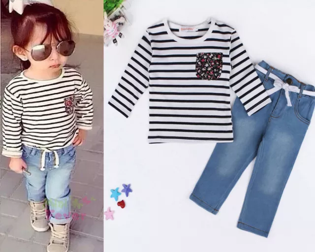 2PCS Toddler Kids Baby Girls Clothes Outfits T-shirt Tops +Denim Jeans Pants Set