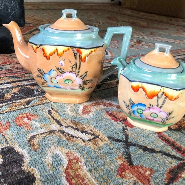 Vintage Japanese Floral Peach Iridescent Porcelain Teapot and Sugar Bowl Set