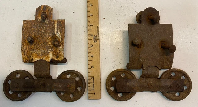 Set Of 2 Vintage Antique Cast Iron Barn Door Rollers Pair 3" X 3/8" Wheel