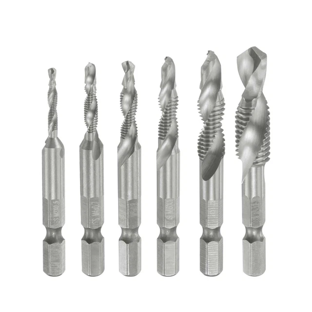 Combination Drill and Tap Bit Set M3-M10 with 1/4" Hex Shank Uncoated 6pcs