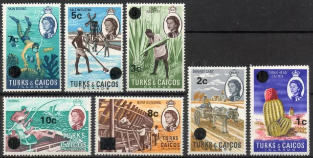 Turks & Caicos Islands 1969 QEII Decimal Currency Surcharge part set of 7  MNH
