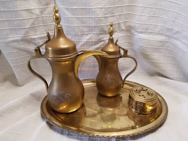 Vintage Dallah coffee jugs x 2, tray, incense tin, Islamic Middle Eastern Arabic