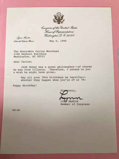 Lynn Martin 1990 Typed Letter Signed as Congressman - To Carlos Moorhead