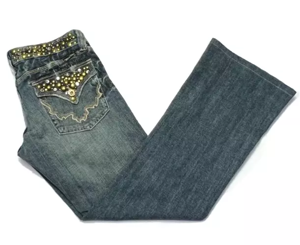Miss Me Bling Embellished Bootcut Jeans Womens (30"X29") Medium Wash Distressed