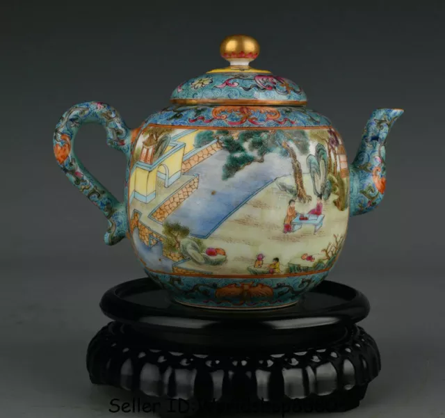 6.8" Qianlong Marked China Coloured Enamel Porcelain People Story Handle Teapot