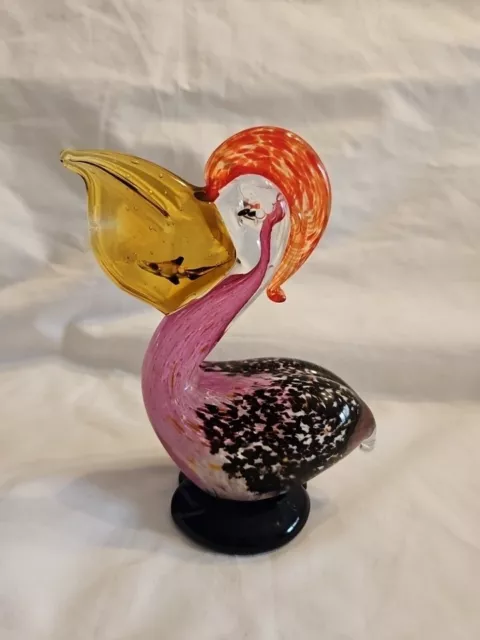 Vintage Murano Hand Blown Art Glass Pelican Bird with fish Figurine Paper Weight