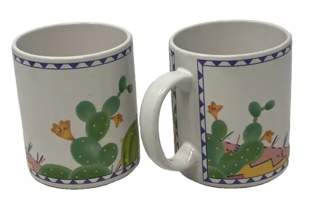 Vintage Otagiri Southwestern Cactus White Ceramic Set of 2 Cups Made in Japan