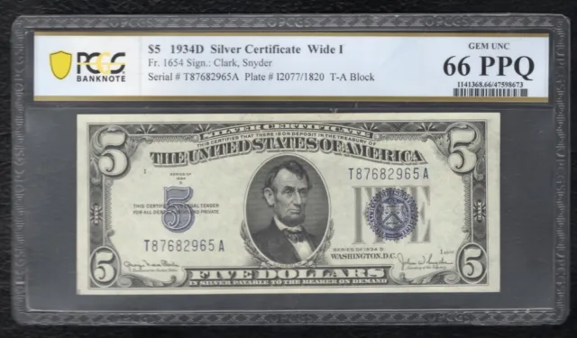 Fr. 1654 1934-D $5 Wide I Silver Certificate Pcgs Banknote Gem Unc-66Ppq (F)