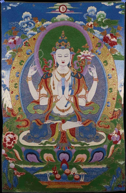 Chinese Tibetan Knitted Embroidery Textiles Four armed Guanyin Thangka 93028