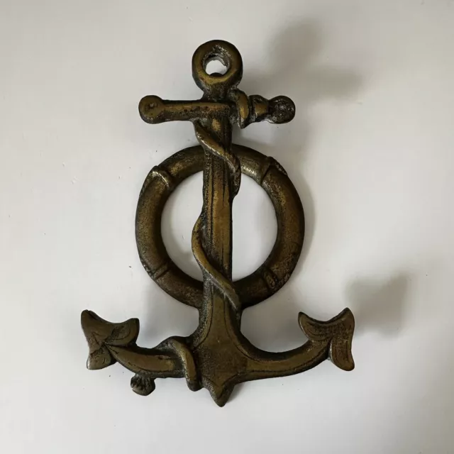 Vintage Brass Door Knocker Nautical Coastal Anchor w/ Ship Rope & Preserver