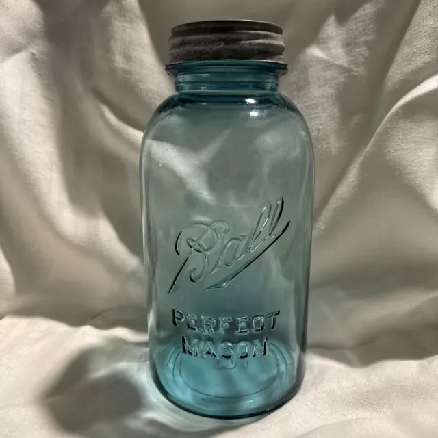 BALL PERFECT MASON BLUE Half Gallon Canning Jar #3 Zinc Lid Vintage 1923-1933