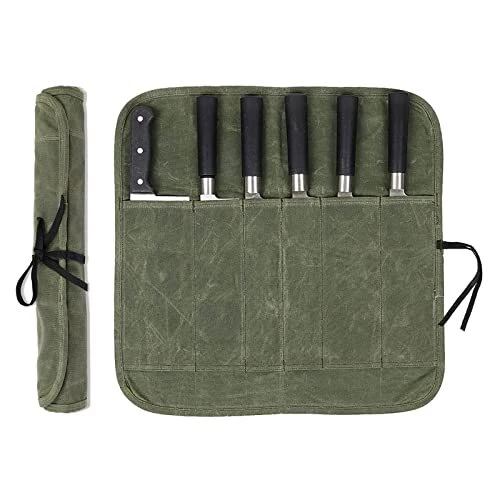 Chef Knife Roll Bag with 6 Slots,Waxed Canvas Knife Carrying Case,Chef Knife Bag