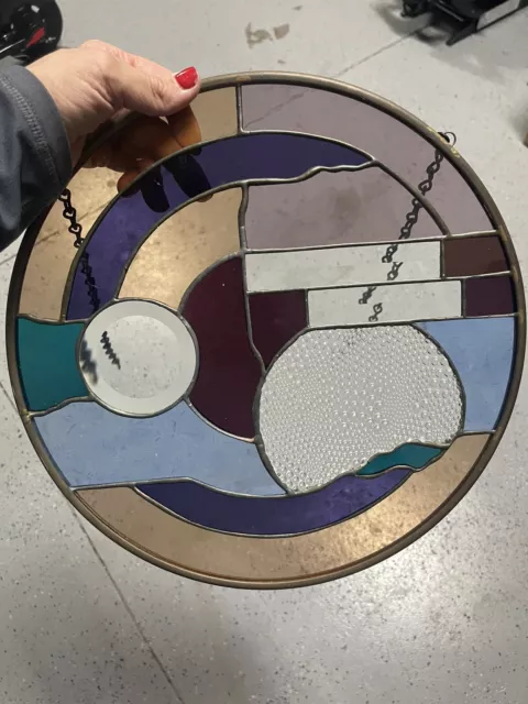 Stained Glass Tiffany Style Window Panel Handcrafted 13 1/2” Round Design MCM