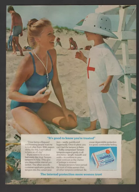 1976 Vintage Print Ad Tampax Pretty Lifeguard Wearing Swimsuit On The Beach C76