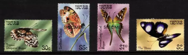 Juego de 4 estampillas de mariposas Nevis. Sobreimpresiones de muestras. Scott #146-149. M.N.H.