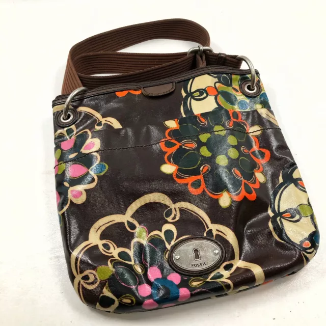 FOSSIL Coated Canvas Brown KEY-PER Floral Cross-Body Shoulder Tote Purse Bag