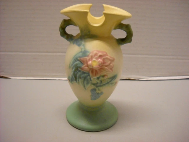 VINTAGE HULL ART Pottery Woodland Matte Green Yellow Handled Vase Pink