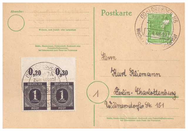 !!! ALLIIERTE BESETZ.  POSTKARTE SBZ  - Berlin MiNr. 946 u. 911 Paar OR !!!