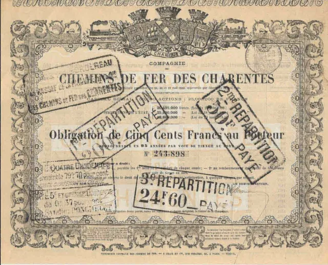 lot de 4 obligations Compagnie des Chemins de Fer de Charentes - 500 fr 1863
