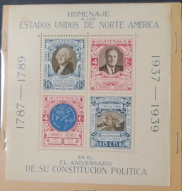 1938 Guatemala Scott #C92 150th Anniversary US Constitution Souvenir Sheet  MNH
