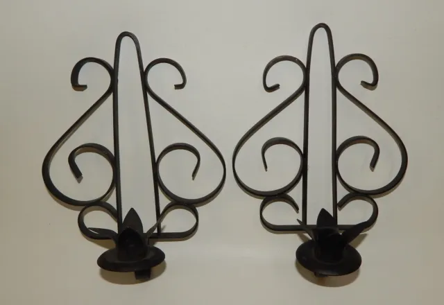 Pair Small Gothic Wrought Iron Scroll Spanish Revival Wall Sconces Candleholders